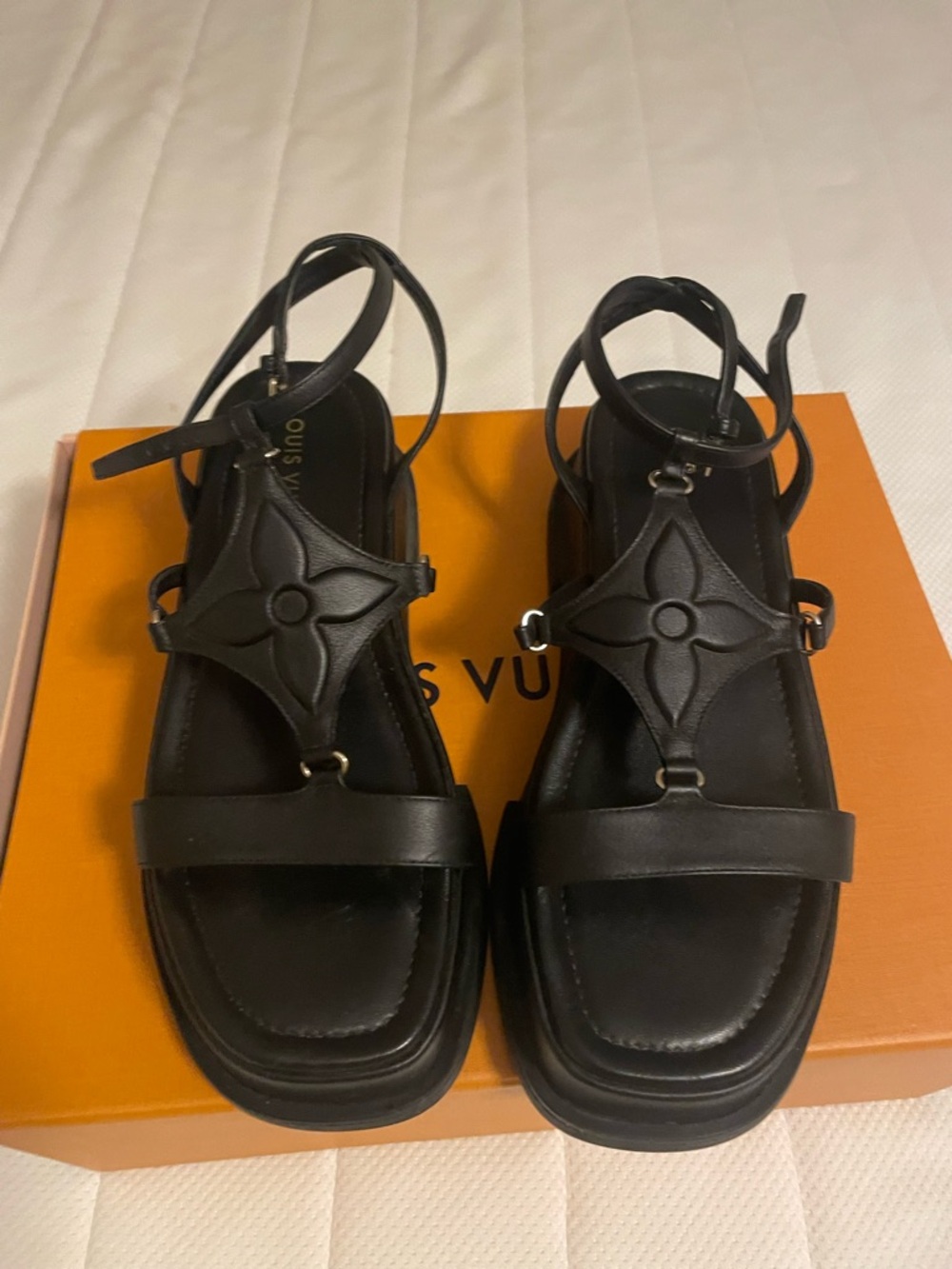 Authentic Louis Vuitton Black Leather Monogram Star Wedge Sandals, 41, US11